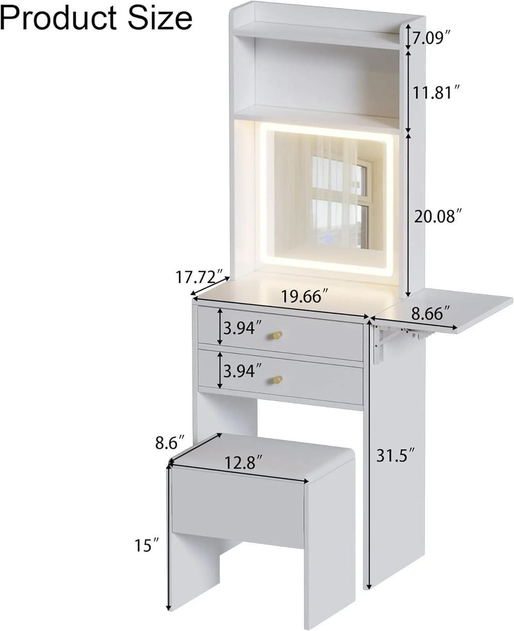 Montary Modern Mini Vanity w/Adjustable LED Mirror + Hidden Storage, Padded Stool & Dustproof Shelves (White)