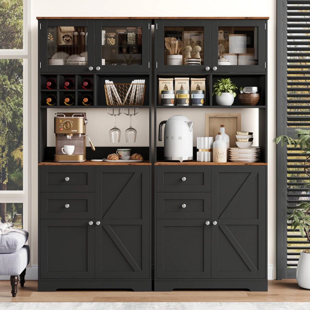 Homfa 75.2'' Kitchen Pantry Storage Cabinet with Wine Rack & Adjustable Shelf, 2 Drawer Modern Farmhouse Buffet with Glass Door for Dining Room Living Room, Black