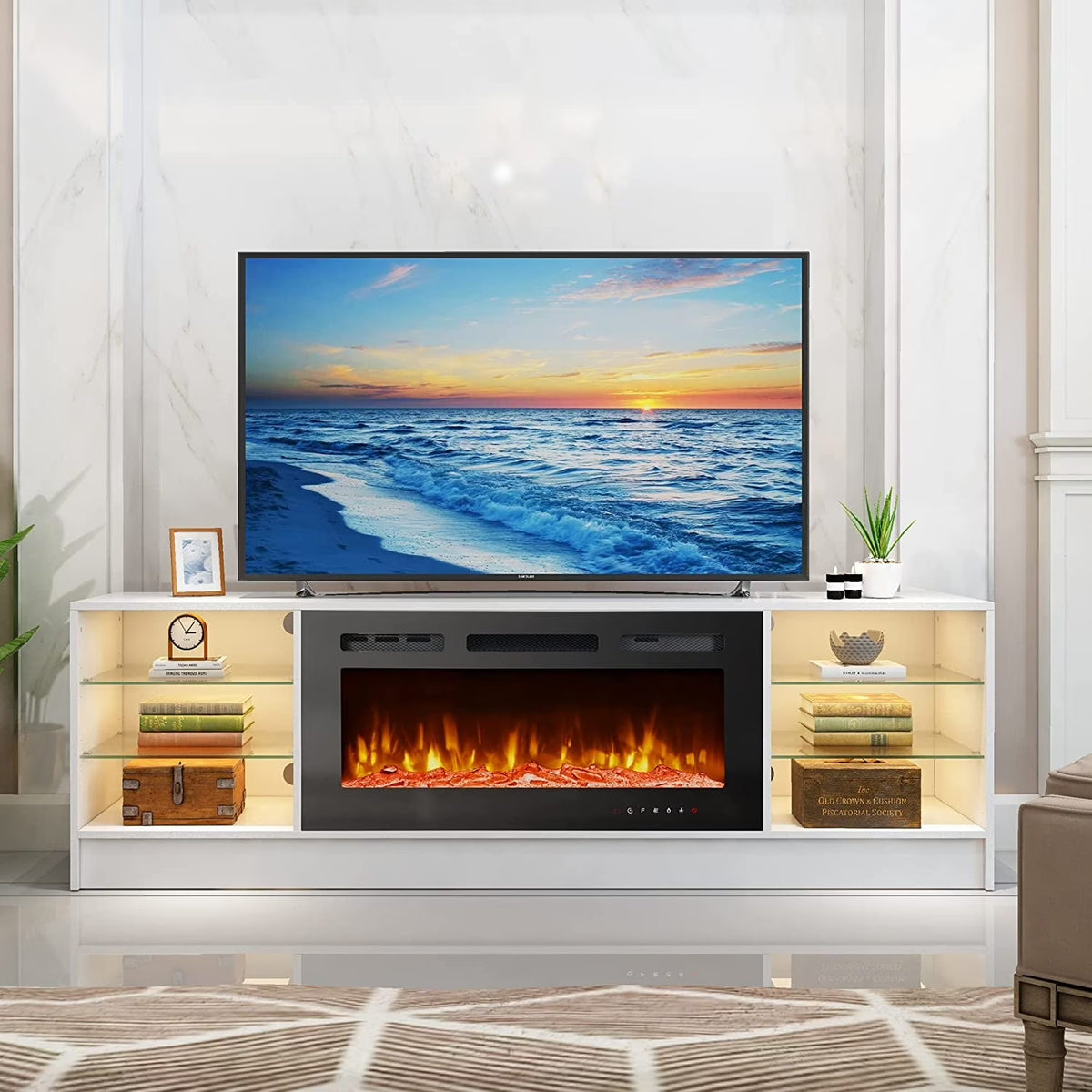 Erommy  70" Fireplace TV Stand with 36" Electric Fireplace White 80''
