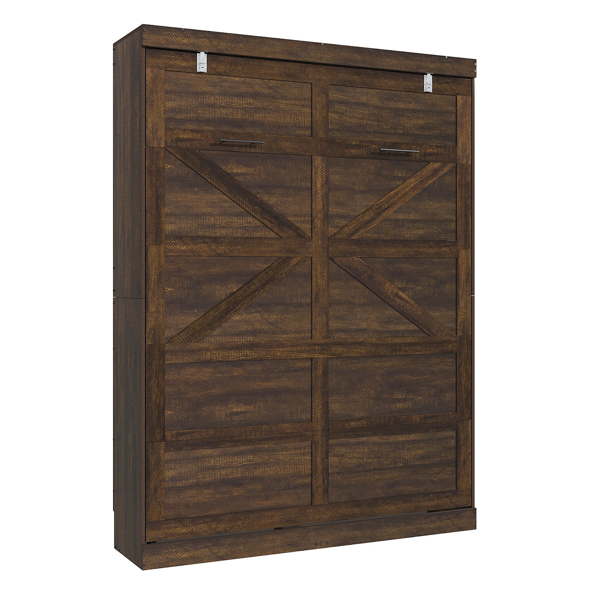 ANPOO Full Size Murphy Bed with 2 LED Lights, Farmhouse Wood Hidden Foldable Wall Bed Frame with Gas Struts, Storage Bed Cabinet for Bedroom, Office, Space-Saving, No Box Spring Needed