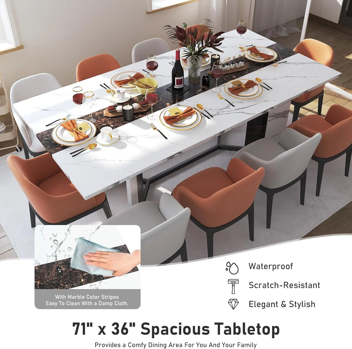 71 inch Large Rectangular Dining Table for 6-8 People, Dining Table with Marble-Color Wood Waterproof Tabletop and Adjustable Leg, 6ft Luxurious Family Dinner Table for Office Kitchen Living Room