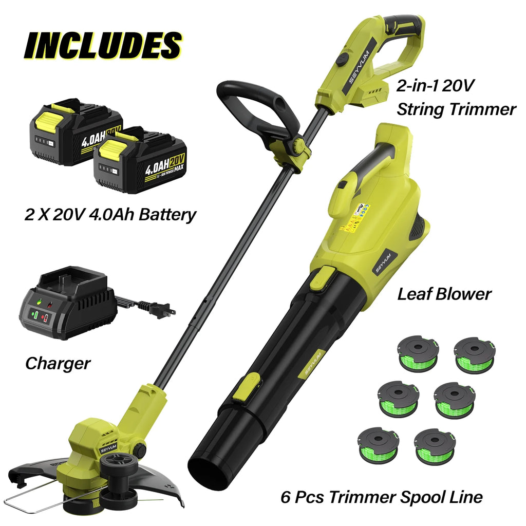 20V Cordless Lawn Care Combo Kit - 12" String Trimmer & Weed Trimmer with 6 Spool Lines, Electric Leaf Blower for Edging & Cleanup, 4.0Ah Battery & Charger