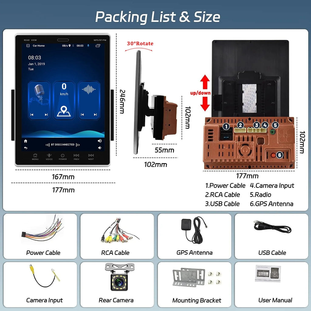 Podofo 2+32G Double 2 Din Adjustable 9.5'' Vertical HD Touch Screen Car Stereo Radio Android 12 Car Player Head Unit Bluetooth Wifi GPS FM Receiver Audio USB Mirror Link, with Backup Camera