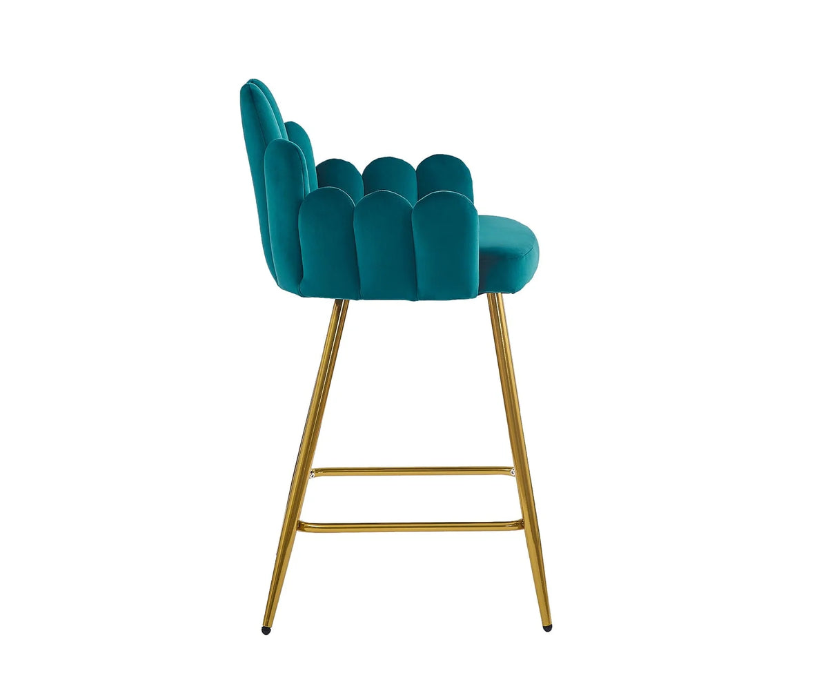 Guyou 26" Height Bar Stool Set of 2, Upholstered Velvet Counter Height Bar Stools with Finger Shaped Backrest and Metal Legs for Kitchen Island Bar Restaurant, Teal