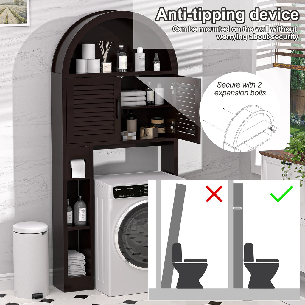 HARIPUL Over The Toilet Storage Cabinet w/ Unique Wood Grain & Arc Design, Freestanding Bathroom Shelf Organizer Space Saver w/ Doors & Anti-Tip Device, Wood Color