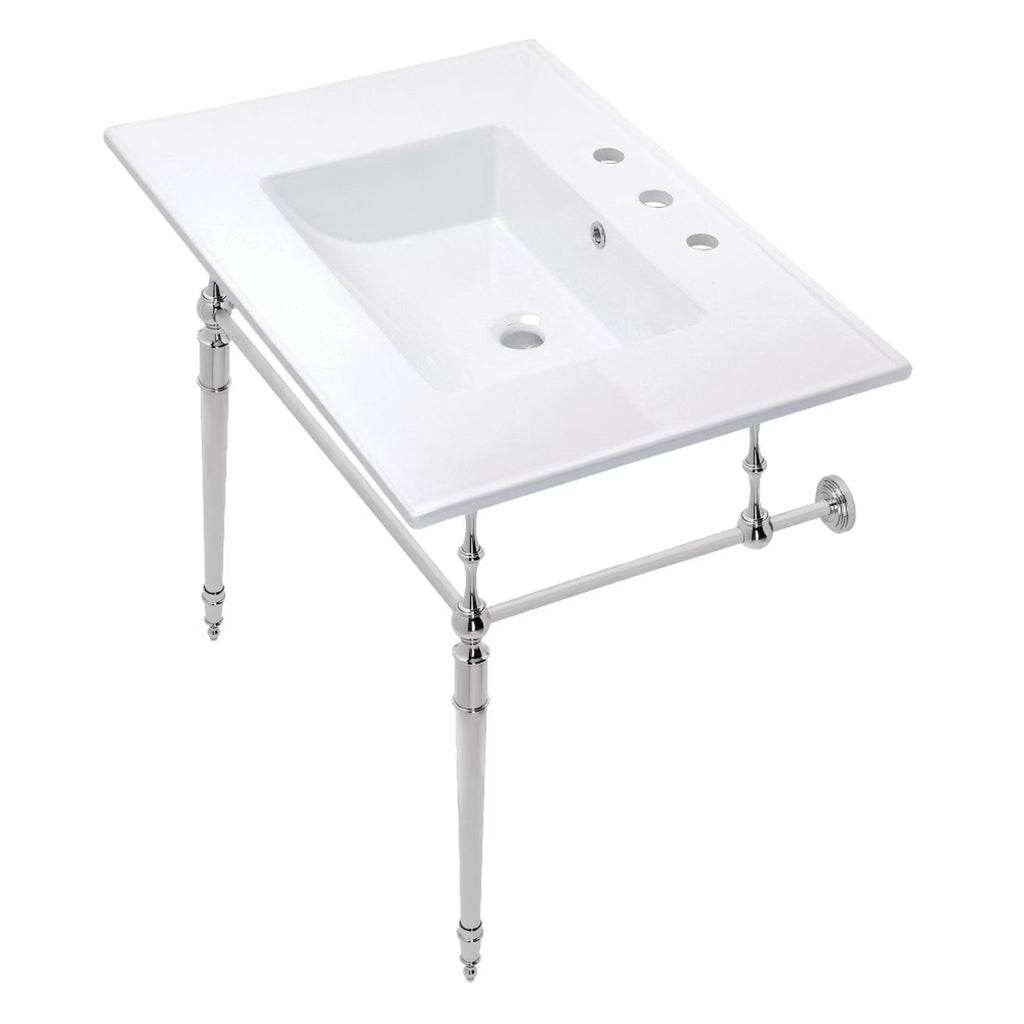 Kingston Brass KVPB31227W8PN Edwardian 31" Ceramic Console Sink with Brass Legs (8-Inch, 3-Hole), White/Polished Nickel