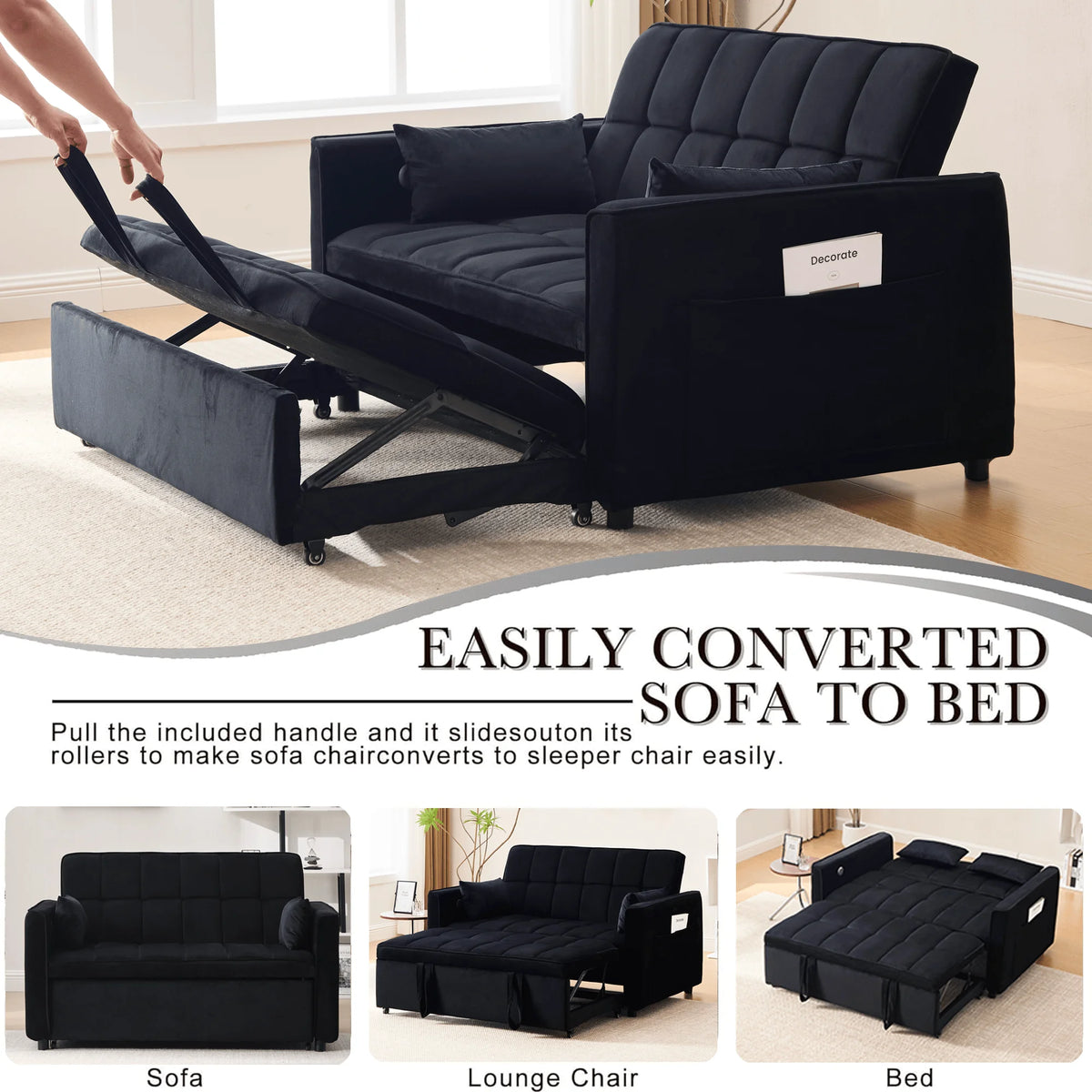 Velvet 3-in-1 Convertible Sofa Bed �C USB Charging, Adjustable Backrest Pull-Out Couch Loveseat Sleeper for Living Room, Apartment & Small Space,Black