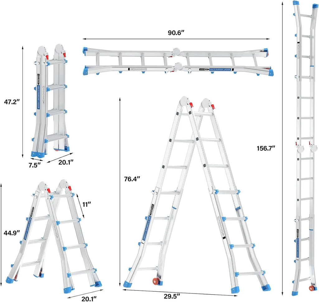 LUISLADDERS Ladder, A Frame 6 Step Ladder Telescoping Ladder, 22 Ft Reach Height Muti Position Folding Ladder Flared Leg & Wheels Design, 330 lbs Capacity Extension Ladder for Household Outdoor Work