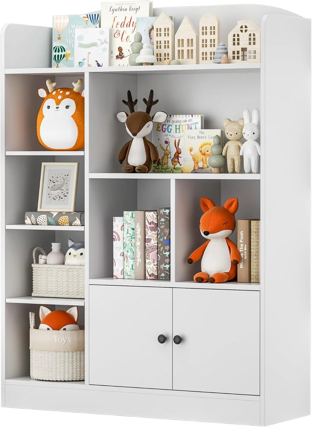 DIYART White Kids Bookshelf, Kids Bookcase with 7 Cubbies and 2 Cabinets, Freestanding Book Storage Shelves for Bedroom, Playroom, Hallway