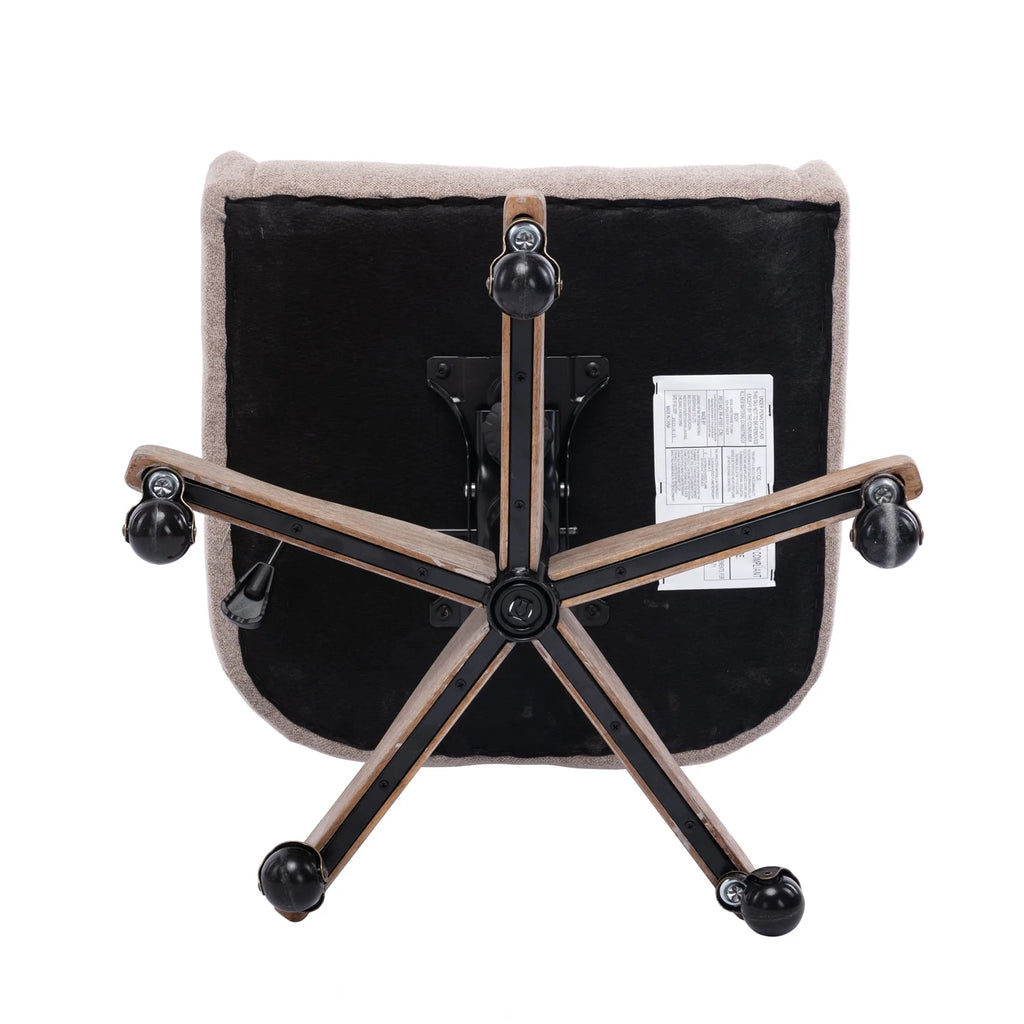 360 Degree Swivel Office Desk Chair, Upholstered Leisure Vanity Chair with Solid Wood Base and Wheels, Adjustable Height Computer Chair for Bedroom Living Room, Brown