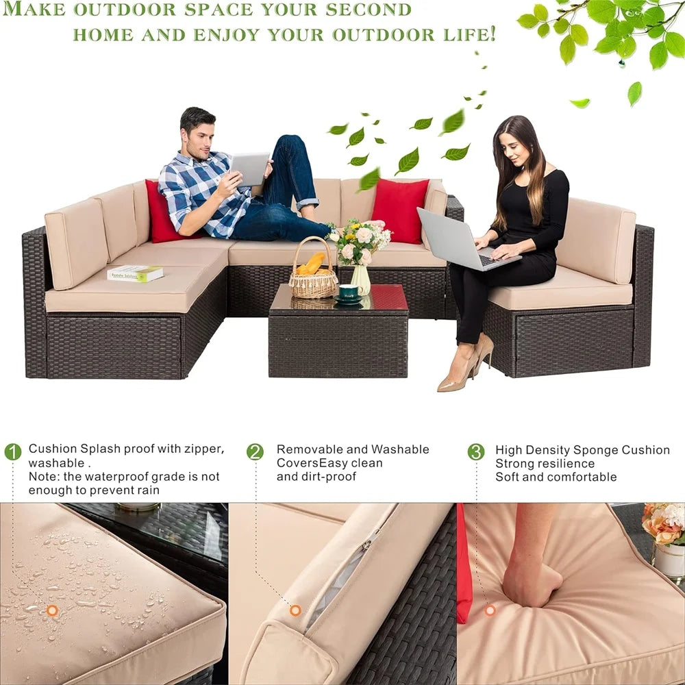 7 Pieces Outdoor Patio Furniture Set, Outdoor Sectional Rattan Sofa, PE Manual Weaving Wicker Patio Conversation Set with Cushion, Glass Table, Pillow, Dark Gray