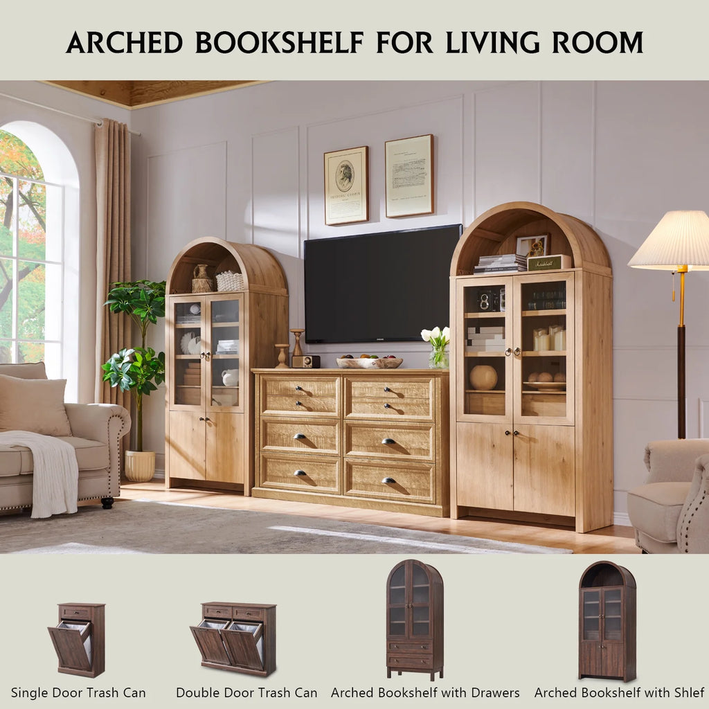 IFGET 71-Inch Arched 4-Tier Bookcase with Glass Doors and Drawers