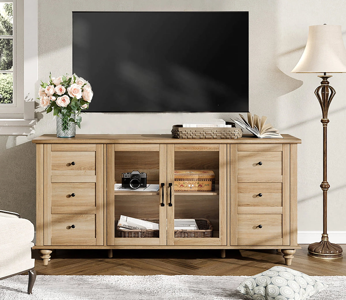 WAMPAT Sideboard Buffet Cabinets with Glass Door, Kitchen Storage Cabinets, Wood Coffee Bar Tables, Accent Sideboard Storage Cabinet Table Dining Room, Living Room,Oak