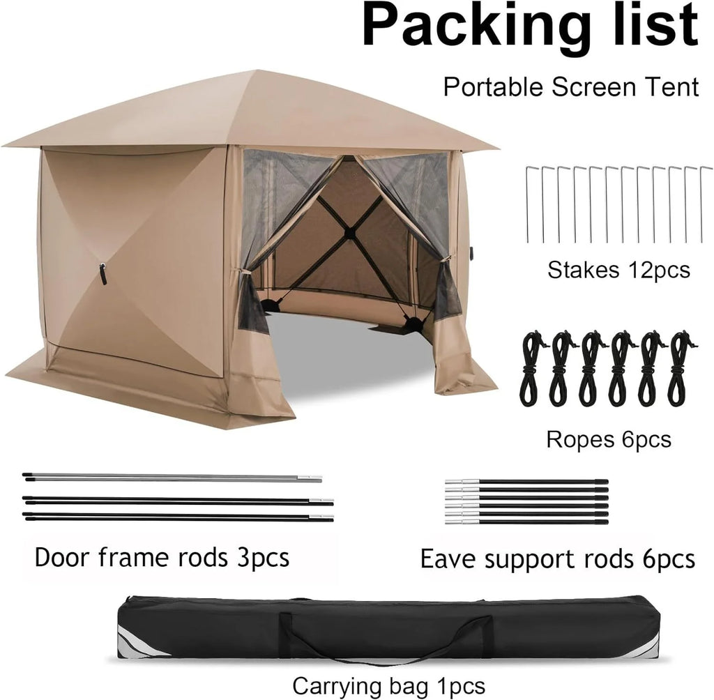 COBIZI 12'x12' Pop-up Gazebo Outdoor Camping Tent with 6 Sides Mosquito Netting, Waterproof, UV Resistant, Portable Screen House Room, Easy Set-up Party Tent with Carry bag, Ground Spike, Brown
