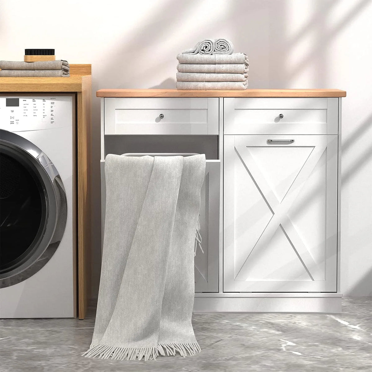Tolead Double Tilt Out Trash Cabinet, Wooden Free Standing Laundry Sorter Cabinet, with Hideaway Drawer, White