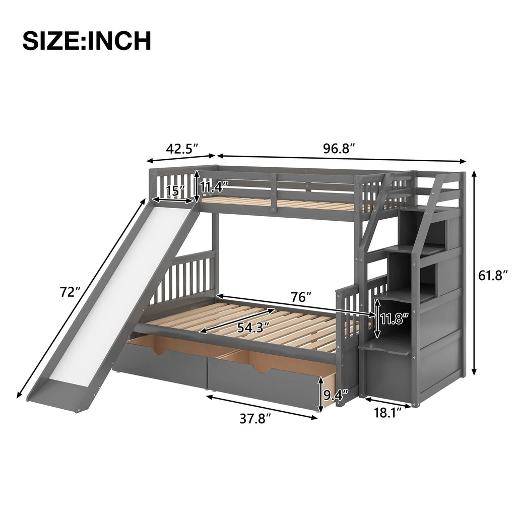 Euroco Wood Twin Over Full Bunk Bed with Drawers and Slide, Gray