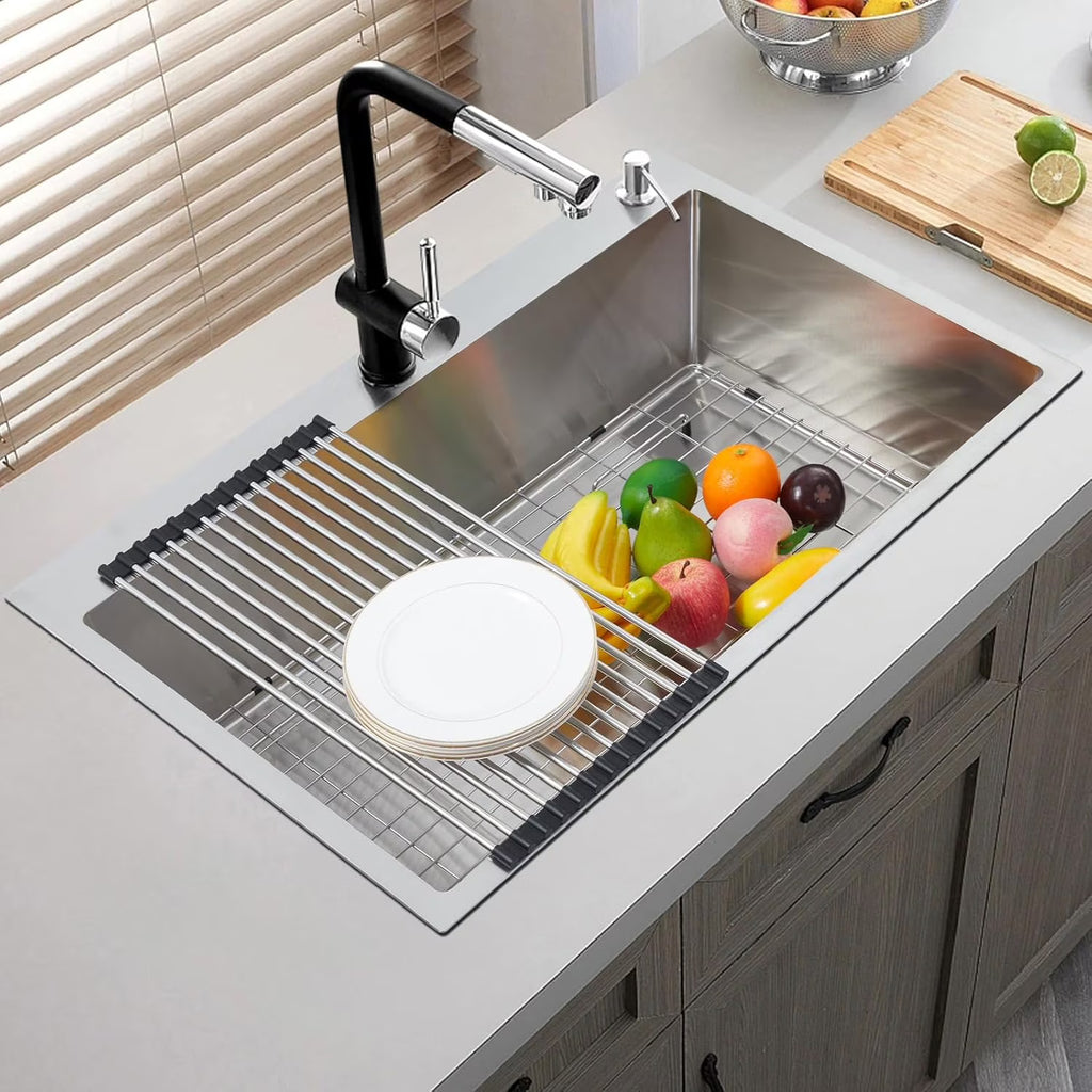 Garvee 33 x 22 Drop In Kitchen Sink, 16 Gauge Stainless Steel Topmount Deep Single Bowl Sink with Grid and Drain Strainer Set, Household Dishwasher Sinks for Workstation, RV, Prep Kitchen, Bar Sink
