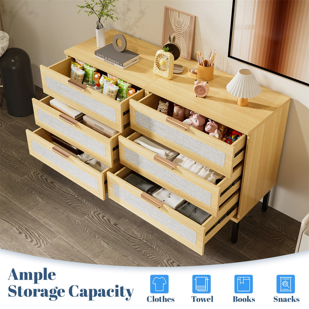 Planntonneo Boho Fluted 6 Drawer Dresser, Wooden Chests for Bedroom
