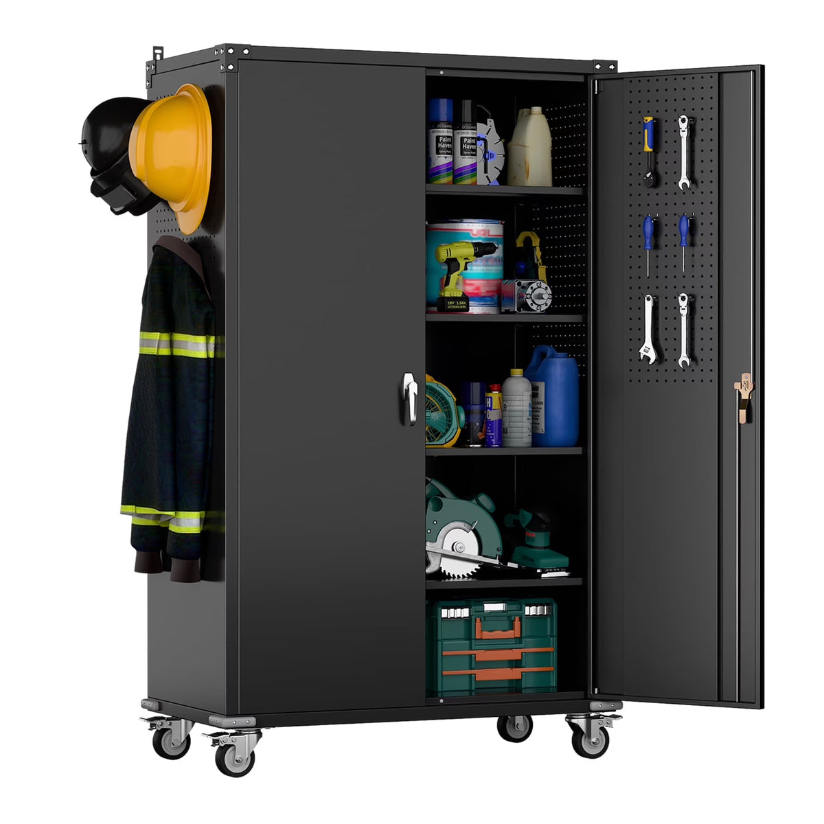 SUPEER 71" Metal Storage Cabinets with Wheels and Pegboards, Industrial Cabinet with 2 Drawers and 2 Adjustable Shelves,, Assembly Required