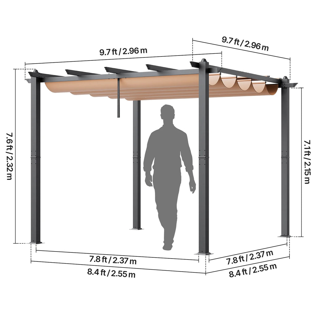 KFFKFF 10'x10' Aluminum Patio Pergola, Retractable Sun Shade Canopy, Ideal for Outdoor Gardens, Decks, and Backyards - Beige