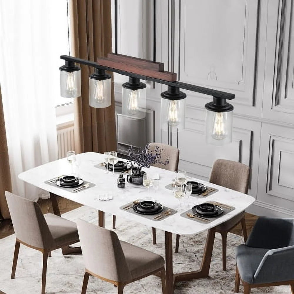 ACE-LIGHTS,Modern Industrial 5-Light Chandelier with Clear Glass Shades(Bulbs Not Included),Hanging Ceiling Light Fixture for Living Room,Dining Room,Kitchen Island(Black)