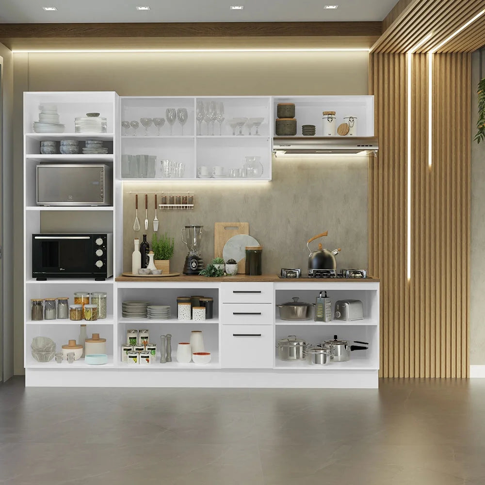 Madesa Full Set Hazel Kitchen Storage Cabinet 107 Inch Wooden Organization Unit with Multiple Compartments Engineered Wood Slab Doors Painted Finish Floor Mount Removable Plinth - White/Brown
