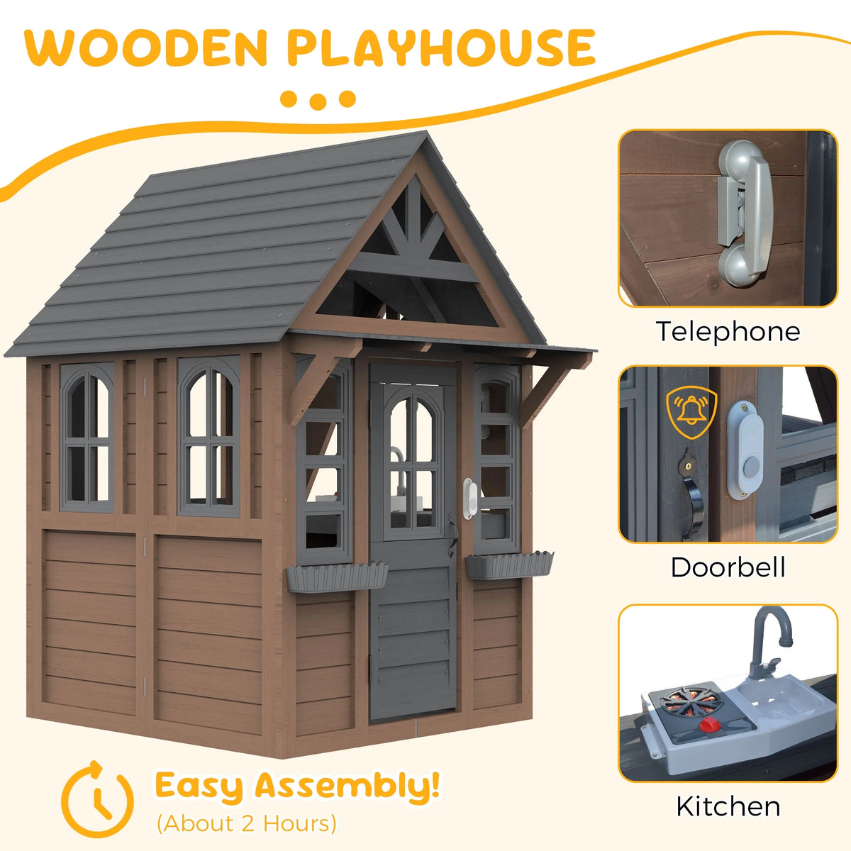 COCLUB Outdoor Playhouse for Kids Ages 4-8, Wooden Play House with Doorbell, Phone, Kitchen Toys, Outdoor Kids Play Equipment, Casa Para Niñas (45”L x 65”H), White & Black