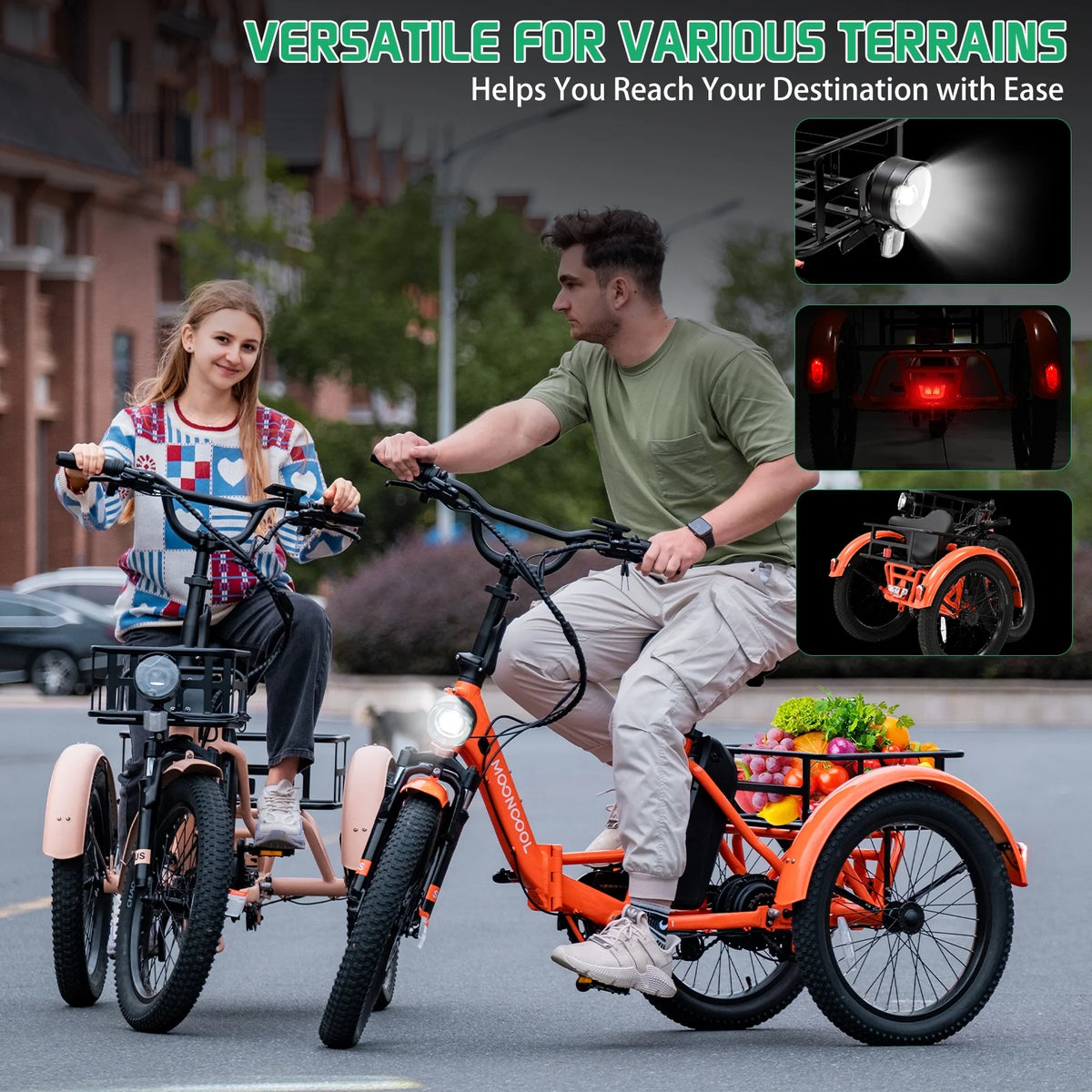 MOONCOOL TK1 Folding Electric Tricycle for Adults,48V 14.5Ah Removable battery, 500W��Peak 1000w��Motor, 20" Fat Tire Step-Thru 3Wheel Electric Bicycle w/Front&Rear Baskets, Certified to UL 2849 by SGS