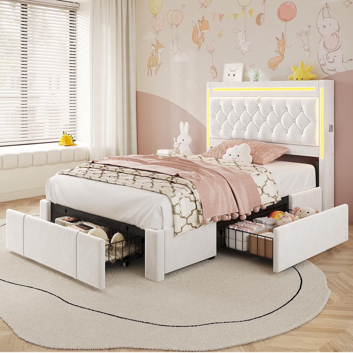Platform Bed Twin Size with Storage Drawers and Headboard,, Twin Size Velvet Upholstered Bed with RGB Lighting and Power Outlet, No Box Spring Needed, Noise-Free, White