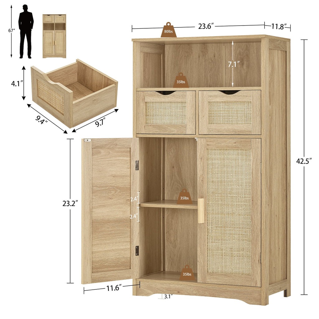 FANGSUM Rattan Storage Cabinet with 2 Drawers & 2 Shelves, Floor Cabinet for Living Room