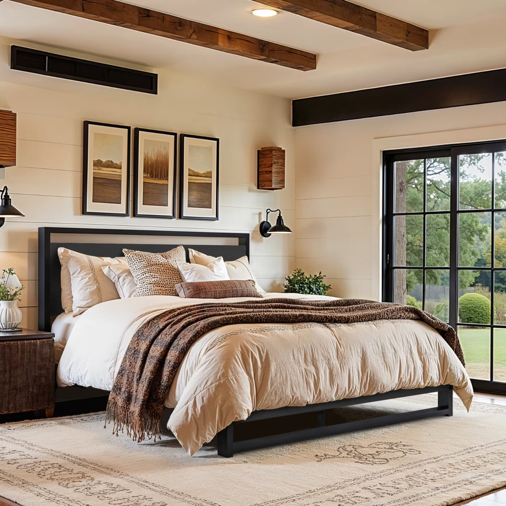 Einfach Full Size Bed Frame with Modern Wooden Headboard,Black,No Box Spring Needed