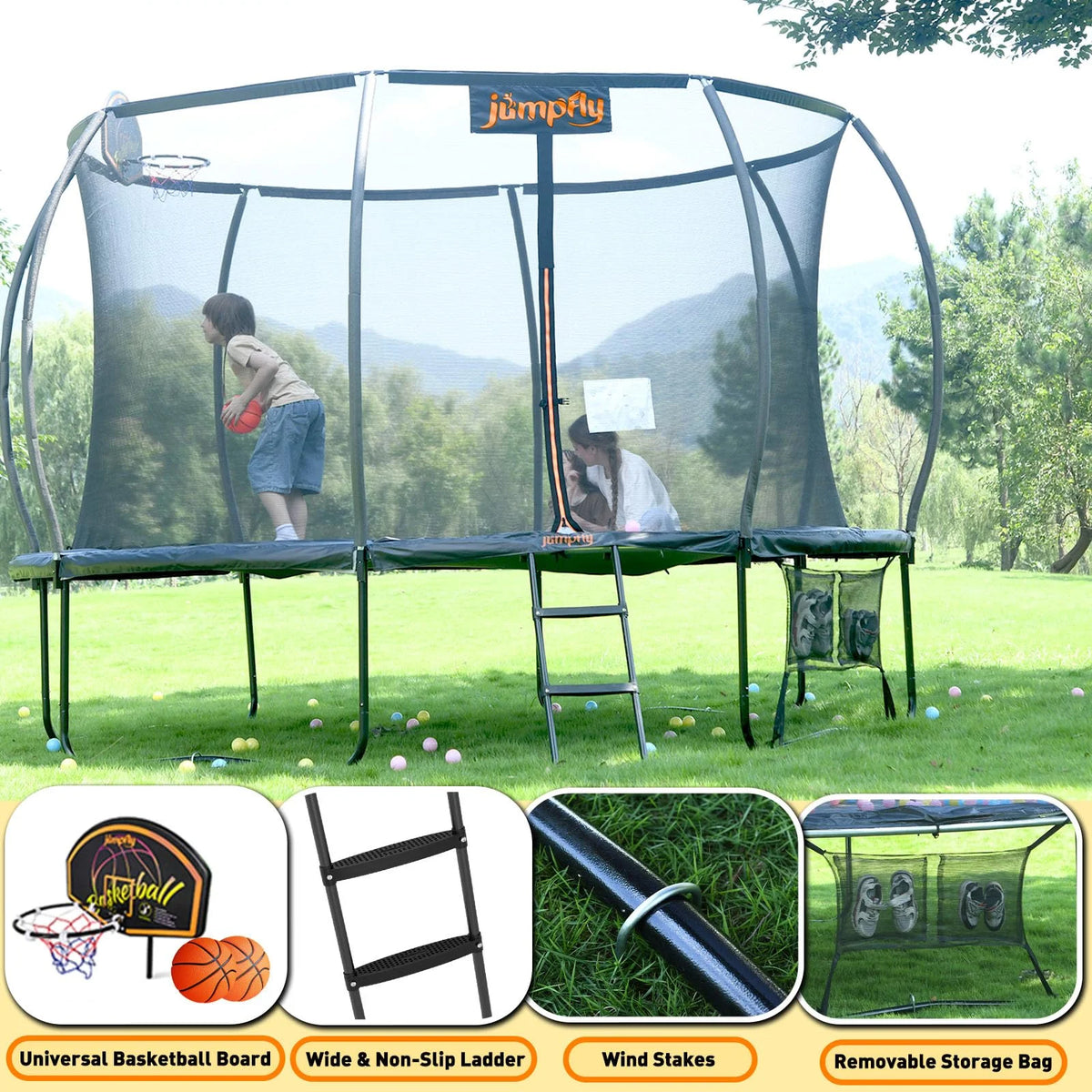 Jumpfly Trampoline 10FT Trampoline with Basketball Hoop-Curved Poles Reinforced Recreational Trampolines with Enclosure And Ladder-Outdoor Trampoline for Kids