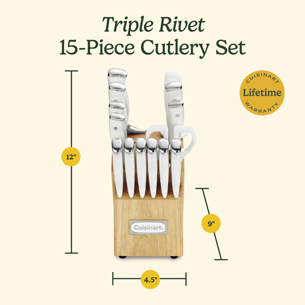 Cuisinart C77WTR-15PG Triple Rivet Collection 15-Piece Cutlery Block Set, White/Grey