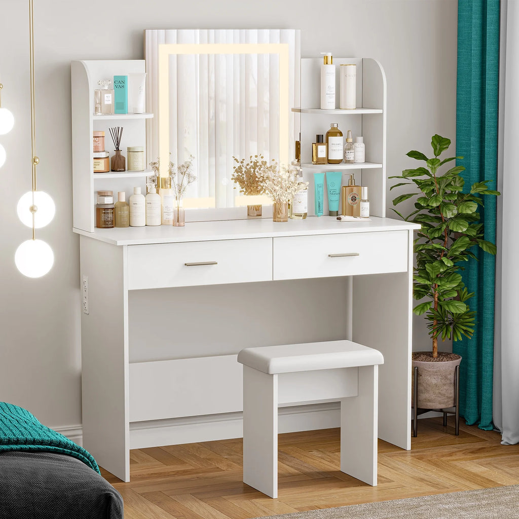 Vanity Desk with Chair, White Makeup Desk Set with Mirror & LED Lights, Vanity Table with Power Strip, 2 Drawers, 4 Shelves