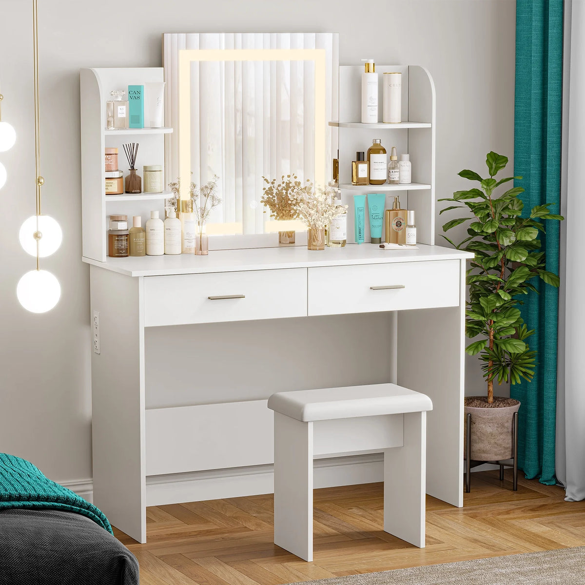 Vanity Desk with Chair, White Makeup Desk Set with Mirror & LED Lights, Vanity Table with Power Strip, 2 Drawers, 4 Shelves