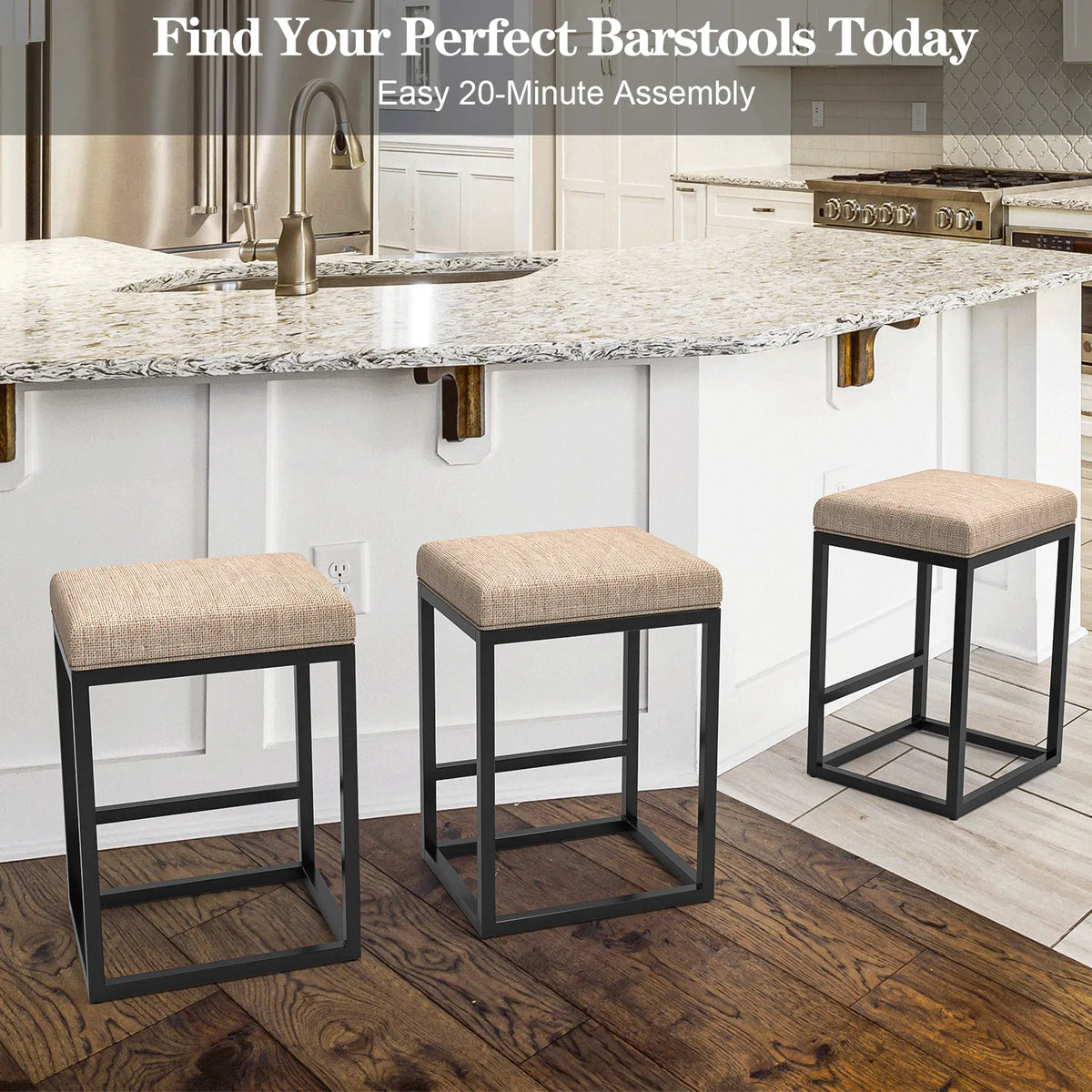 Nathaniel Home 24 Inch Bar Stools Set of 2, Modern PU Leather Metal Barstool, Backless Kitchen Dining Cafe Stool, Upholstered Bar Stool with Footrest, Gray