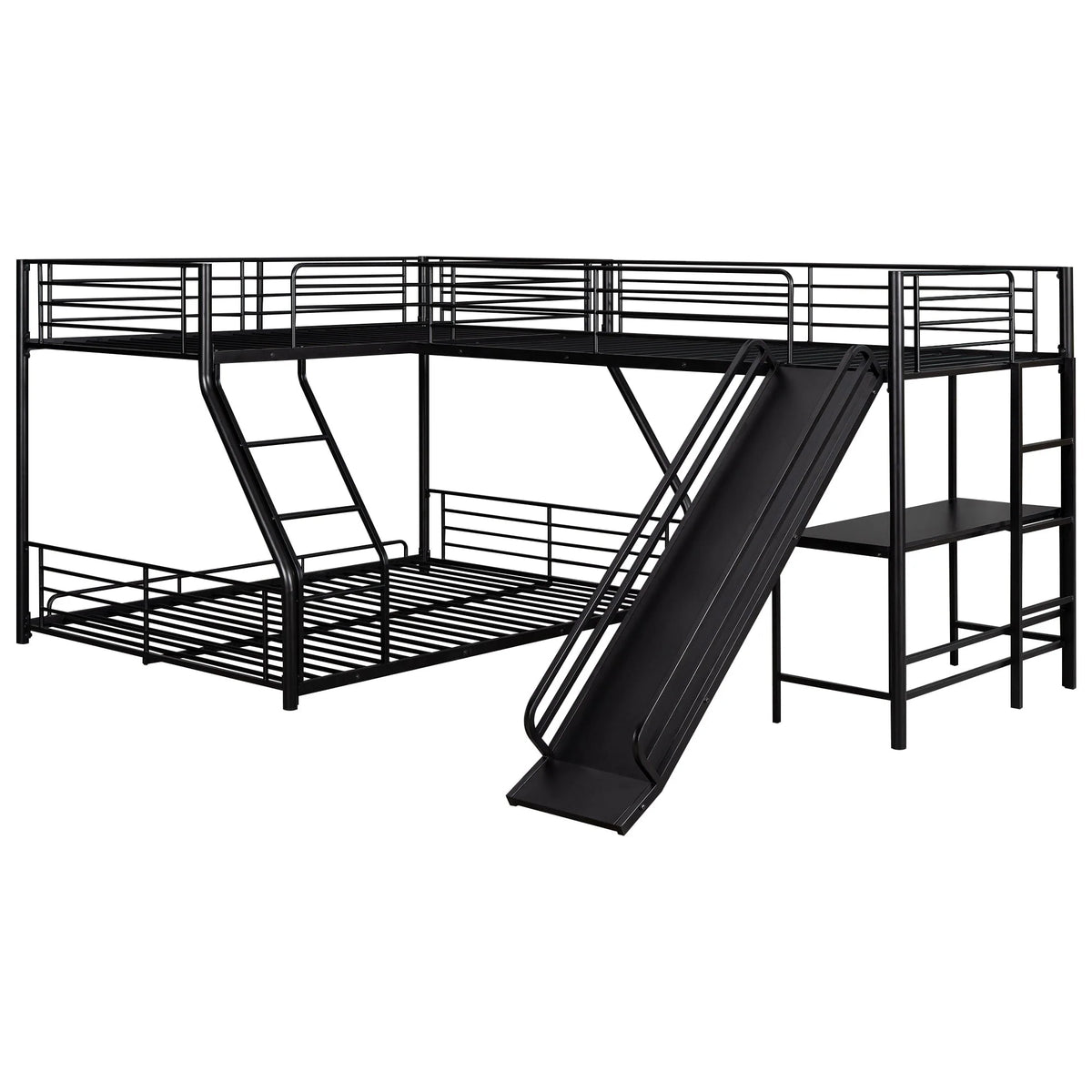 Metal L-Shaped Twin over Full Bunk and Loft Bed with Desk for Kids, Black