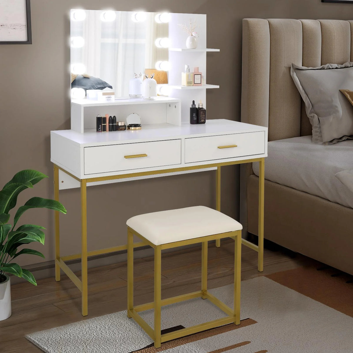 Ktaxon Lighted Makeup Vanity, White Vanity Table Set with 2 Drawer and Charging Station, Femal Gift