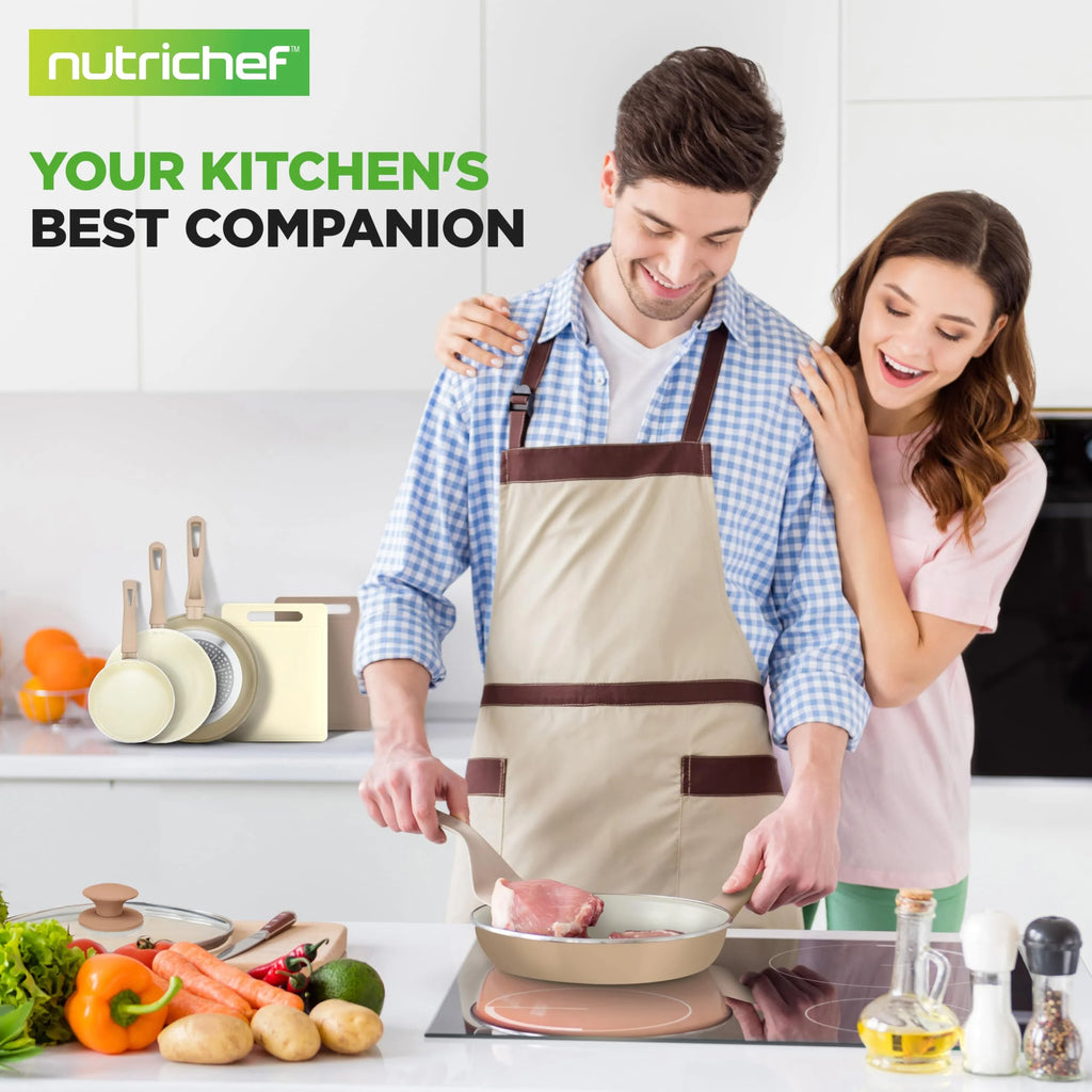 NutriChef 75-Piece Non-Stick Pots and Pans Set, Complete Ceramic Cookware Set with Bakeware, Utensils, Knife Set, & Accessories, Stain-Resistant, Food-Grade Safe, Cream/Brown