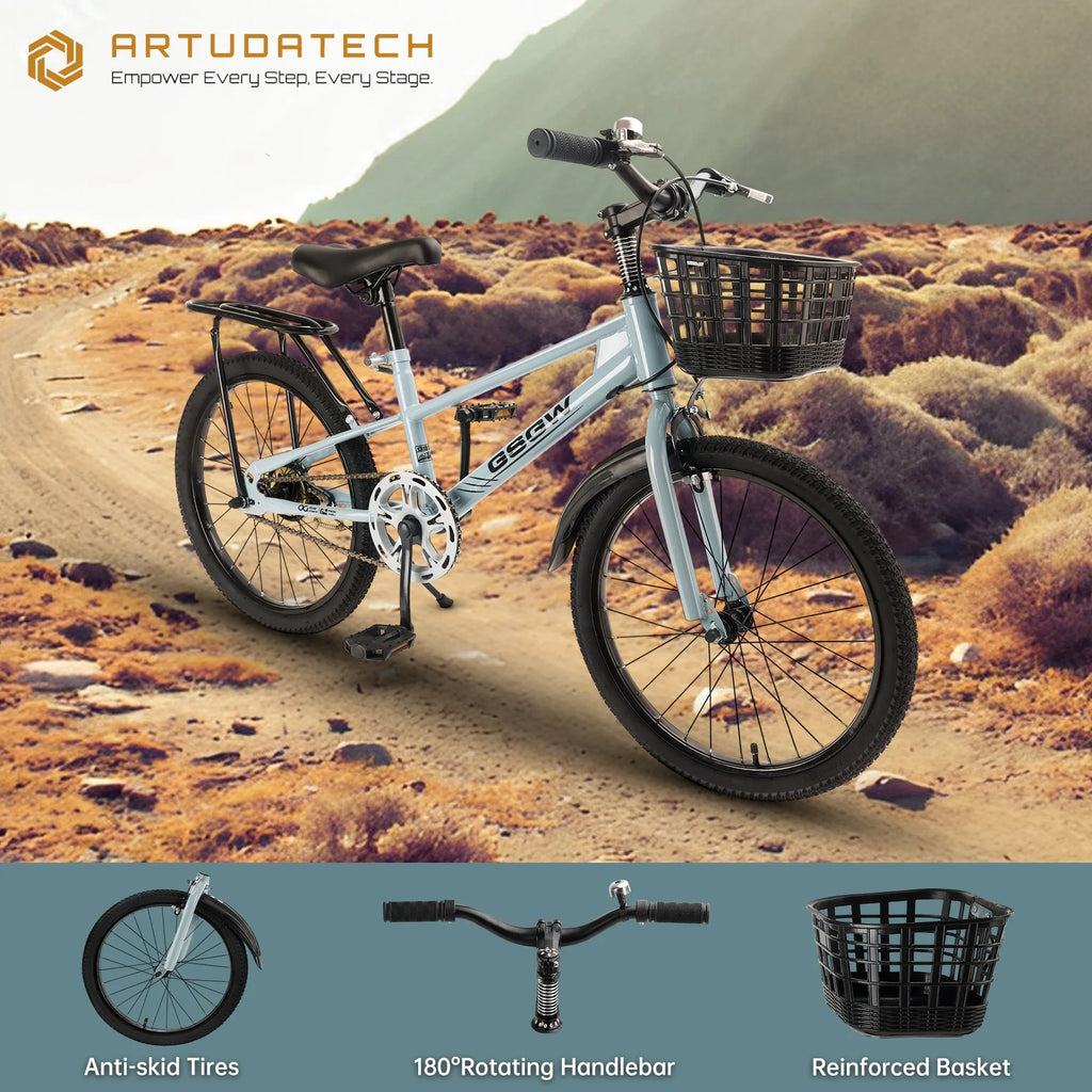 ARTUDATECH Kids Bike Girls  Boys 20 Inch Children's Bicycle with Basket for Age 6-12 Years old  with Air Pump and Bike bag