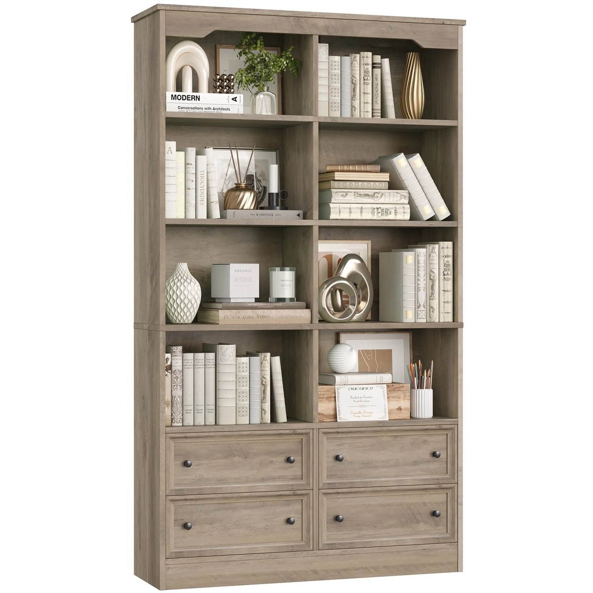 Homfa Double Row 6 Tier Bookcases, 71 in Tall Bookcase Bookshelf with 4 Drawers and 8 Display Cubicles, for Home Office Living Room, White