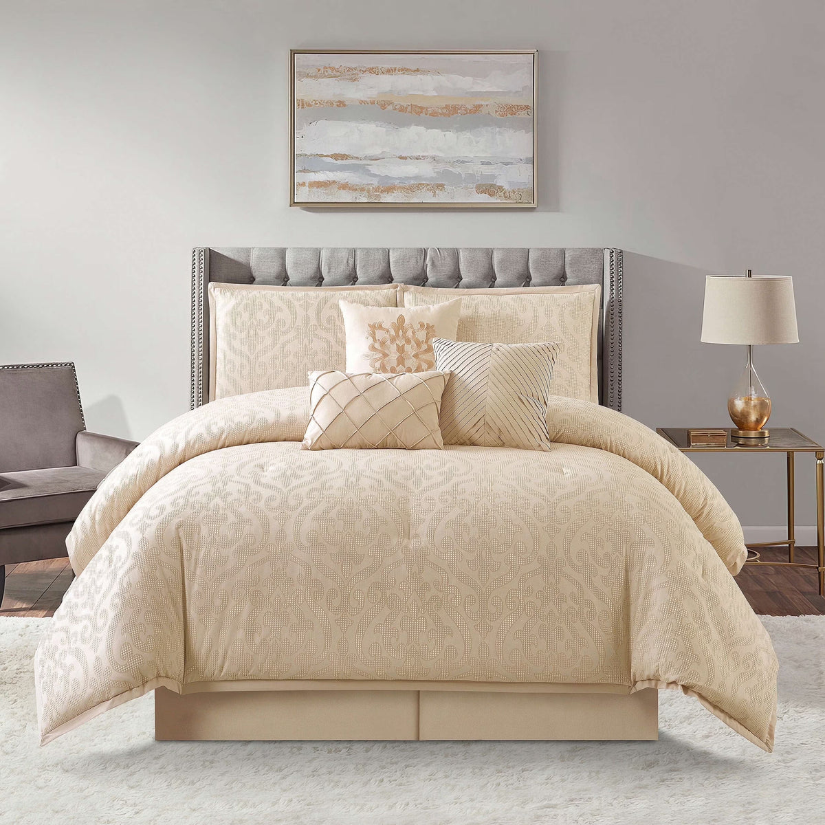 Lanco Smoke Grey Comforter Set California King Size, 9 Piece Jacquard Floral Bedding Set, All Season, Ultra-Soft, Matching Pillows & Shams, Bed Skirt