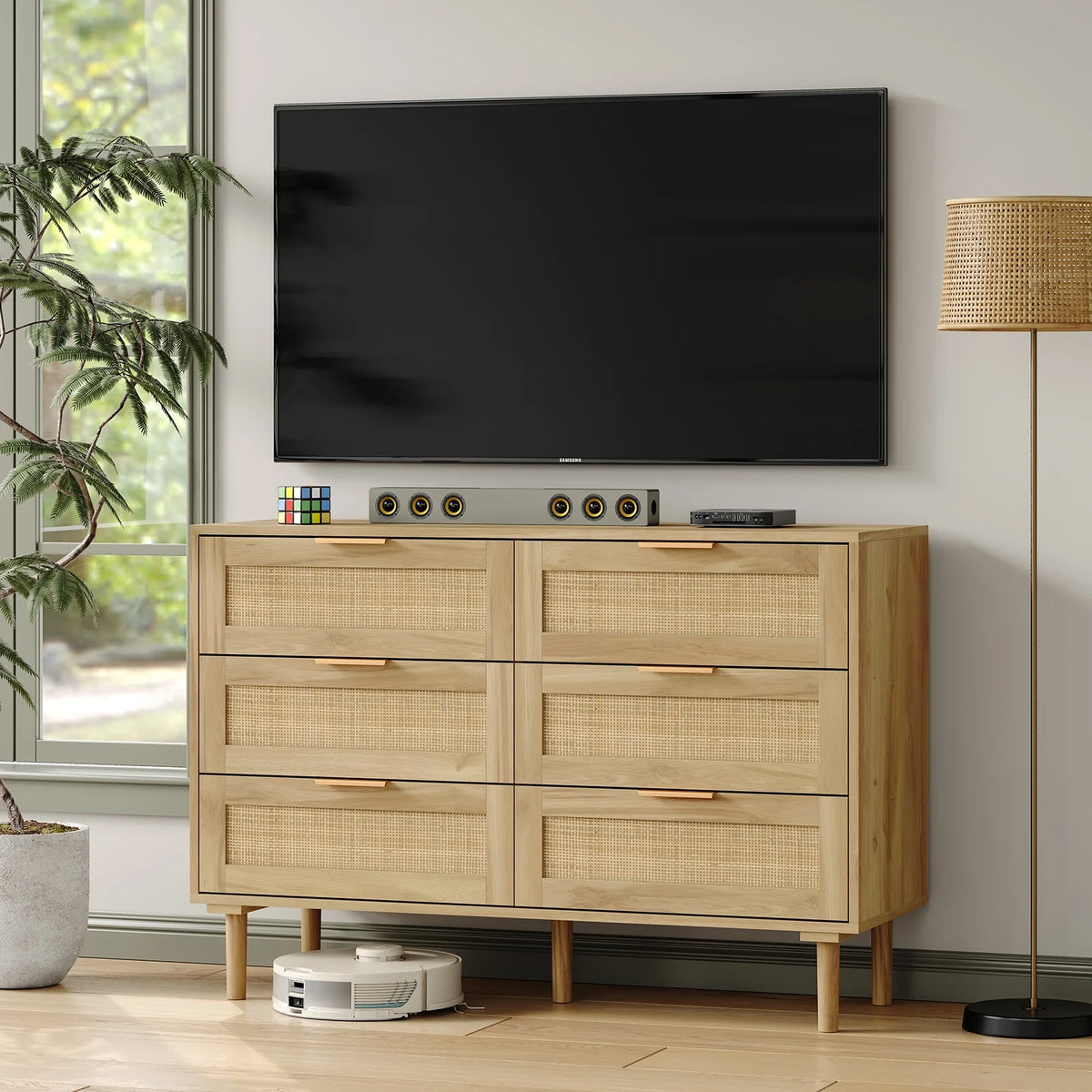Furnihold 6 Drawer Rattan Dresser for Bedroom, Wooden Dresser Chest of Drawers, Storage Organizer for Closet, Beside Table for Living Room, Entryway