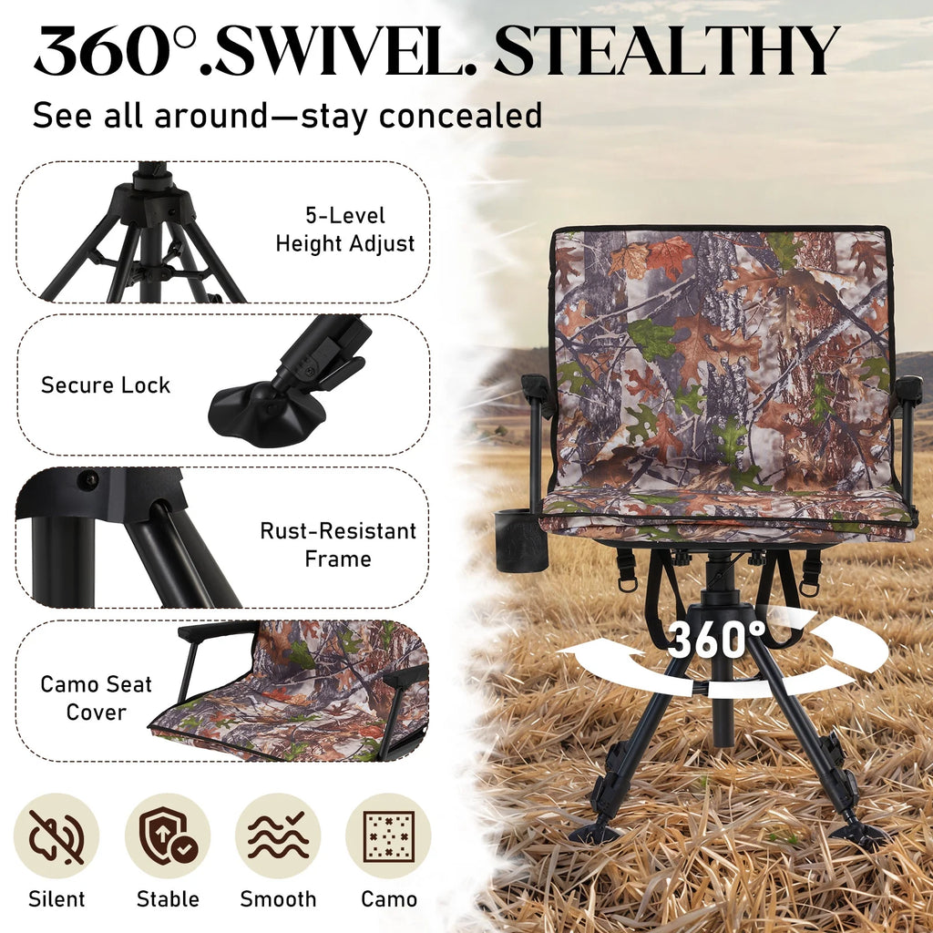 Danrelax 360�� Silent Camo Hunting Blind Chair, Armrests, Side Pouch, Telescopic Legs
