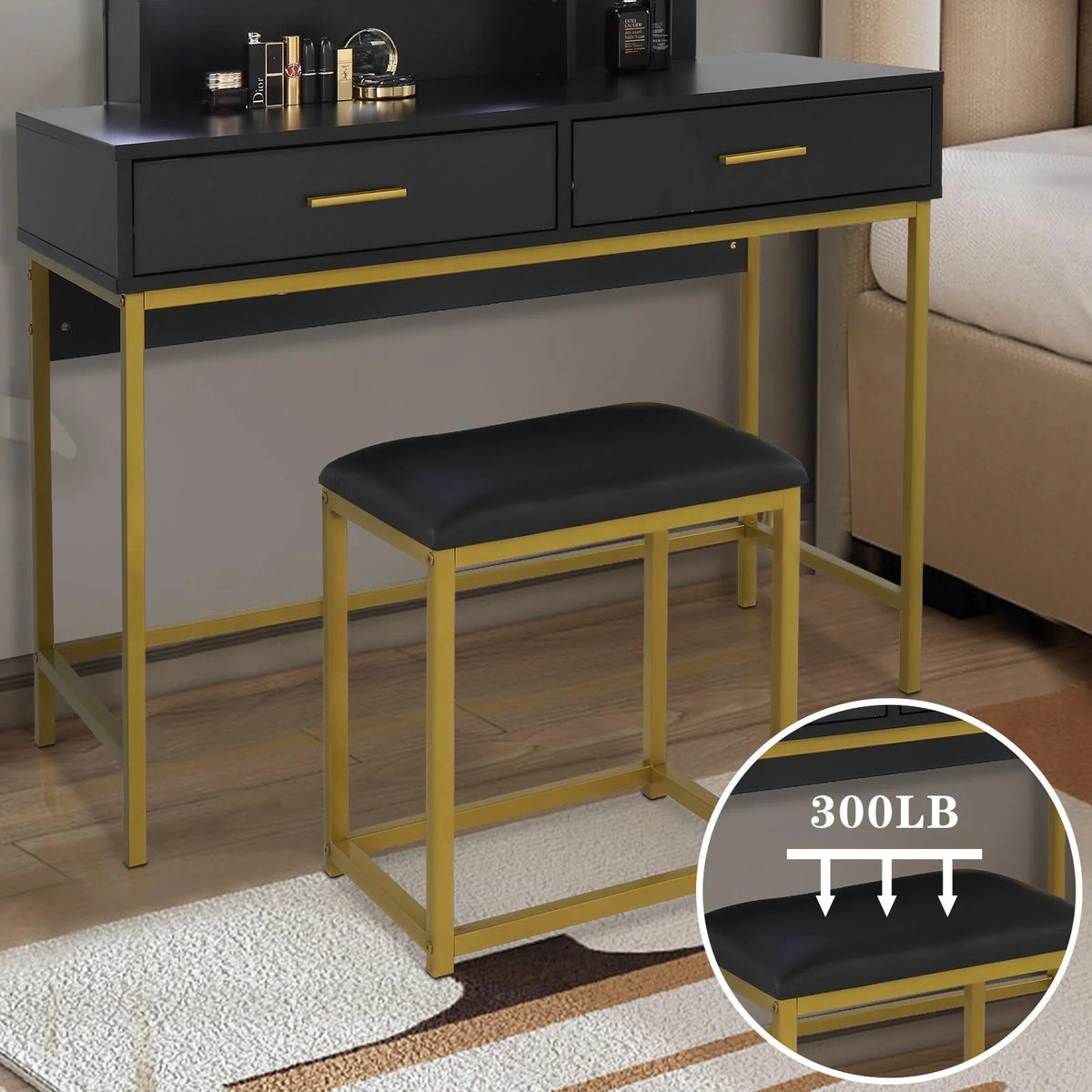 Ktaxon Lighted Makeup Vanity, White Vanity Table Set with 2 Drawer and Charging Station, Femal Gift