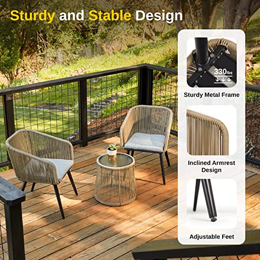 Patio Furniture Set, 3-Piece Outside Bistro Set Handwoven Rattan Wicker Chairs with Waterproof Cushions, Tempered Glass Table, Outdoor Conversation Set for Porch, Brown & Light Grey