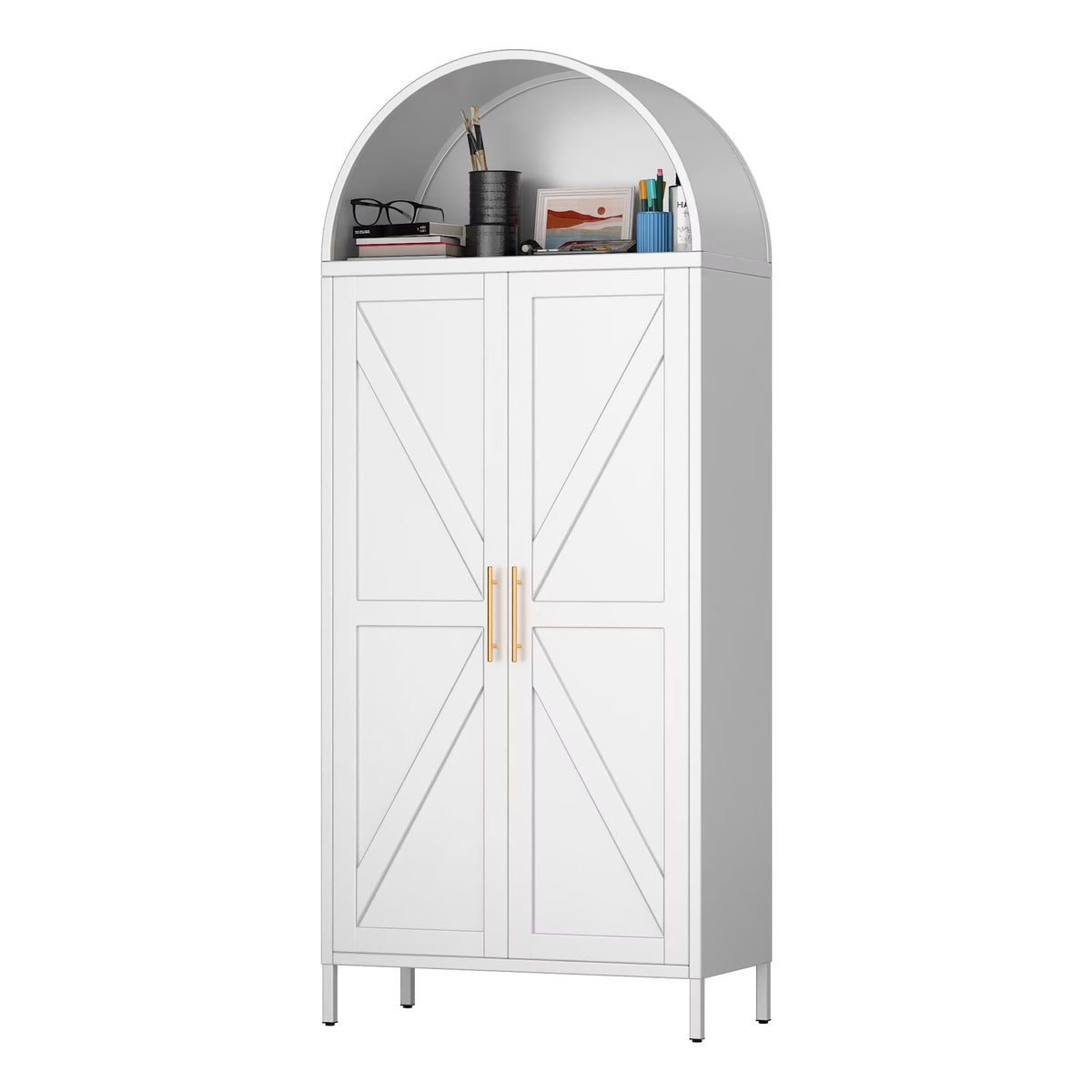 SUPEER Metal Arched Storage Display Cabinet with Glass Doors and Adjustable Shelves, Lockable Cabinet, Assembly Required, Black
