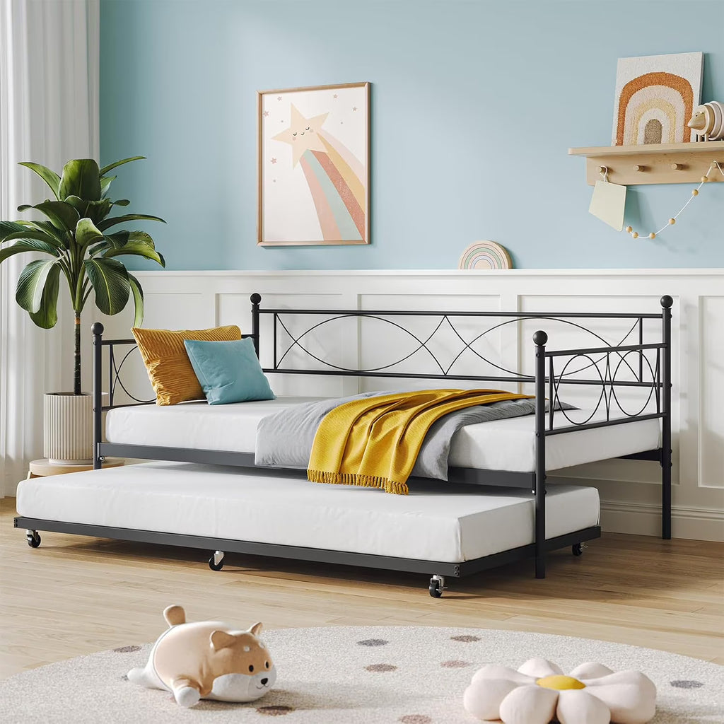 Senfot Twin Daybed with Trundle, Pull Out Trundle Day Bed, Twin Mattress Foundation with Metal Slats, Modern Sofa Bed for Living Room, Bedroom, and Guest Room, Black
