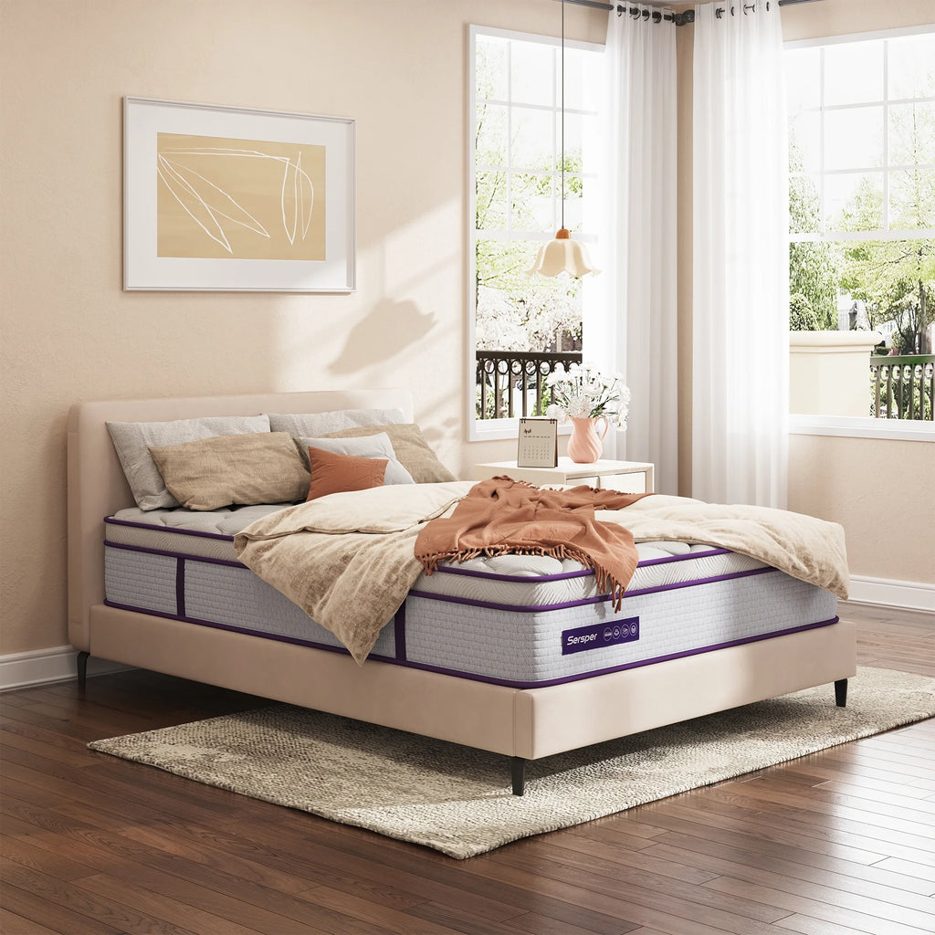 Full Size Hybrid Mattress 10 Inch, Sersper Medium Firm Mattress with Euro Top, Memory Foam, Breathable Soft Knitted Fabric Cover, 5-Zone Coils Support for Pressure Relieving