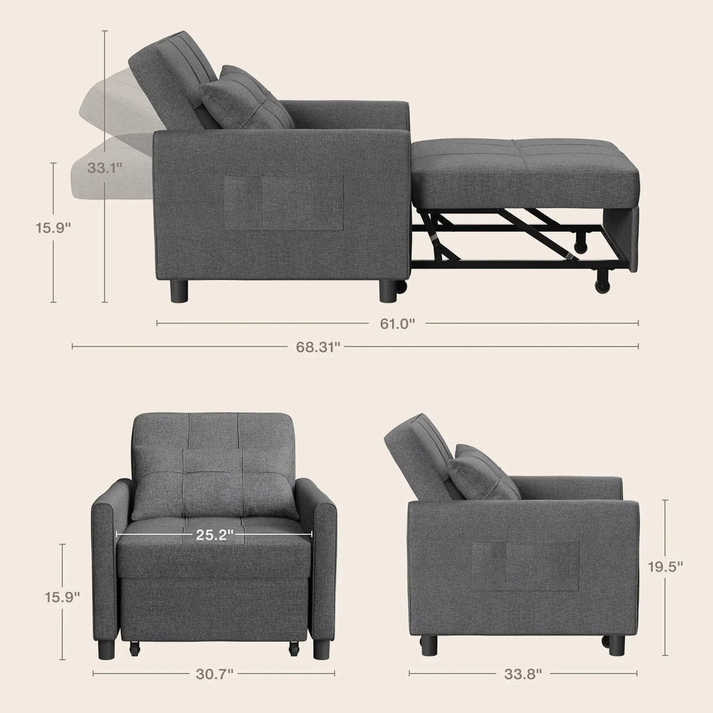 Lofka Chair Bed, Convertible Sofa Bed 3 in 1 Single Sleeper Bed for Bedroom & Living Room, Metal Frame, Dark Gray